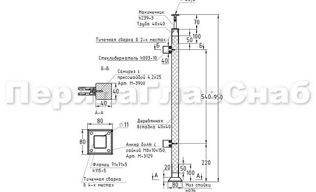 Готовая стойка 40х40х950 мм, деревянная, со вставками из нержавеющей стали 2х100 мм с 2 зажимными стеклодержателями k740-4-L 2