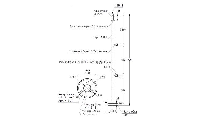 Стойка круглая Ø38.1: 2 ригеледержателя, полированная, высота 950 мм (AISI 304) k712 3