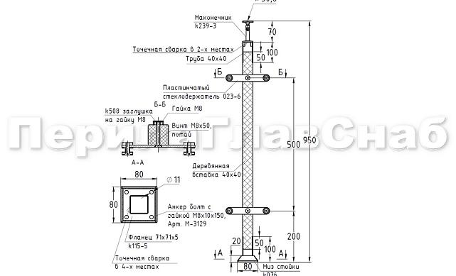 Готовая стойка 40х40х950 мм, деревянная, со вставками из нержавеющей стали 2х100 мм с 2 пластинчатыми стеклодержателями k740-2 2