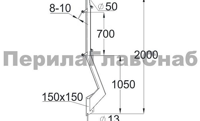 Стойка эксклюзивная с двумя пластинчатыми стеклодержателями, крепление в торец, без ложемента (AISI 304) k786 2